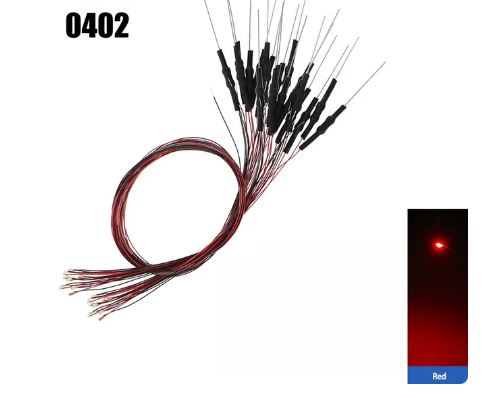 Cargue la imagen en el visor de la galería, Paquete de 10 unidades de LED litz SMD ROJO 402 con cables y resistencias.