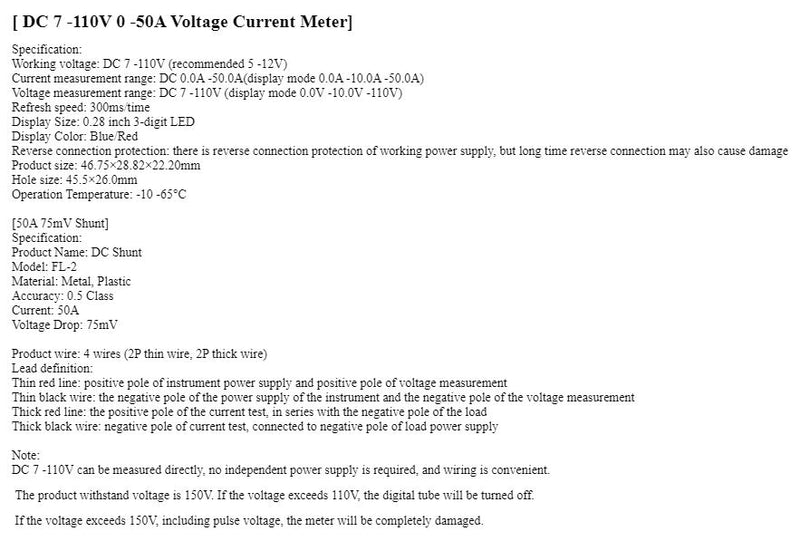 Load image into Gallery viewer, DC 0-100V 50A Digital LED Voltmeter Ammeter Volt tester w/Meter shunt 12v 24v