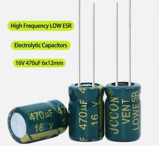 8 condensadores radiales de 470 uF/16 voltios (8 x 12,5 mm).